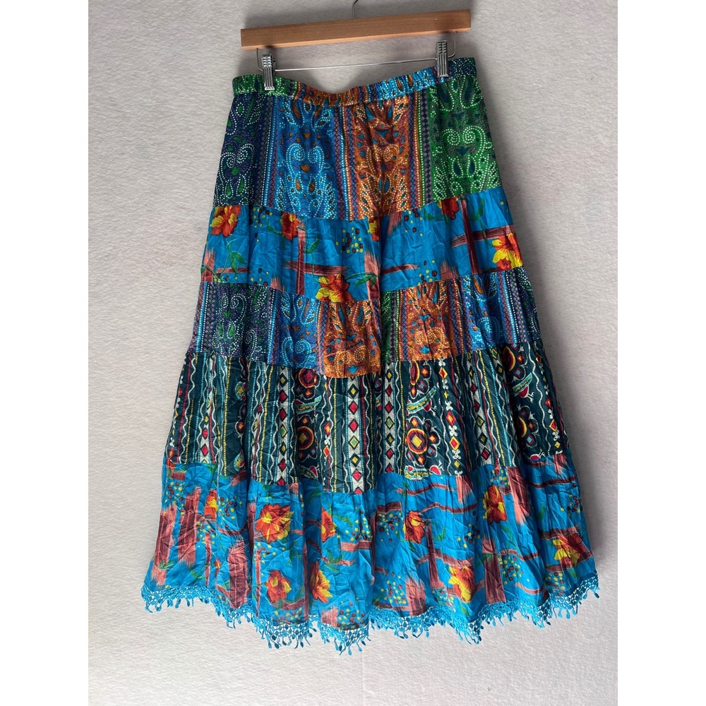 The Pyramid Collection Womens Patchwork Tiered Maxi Skirt Blue Floral Boho L